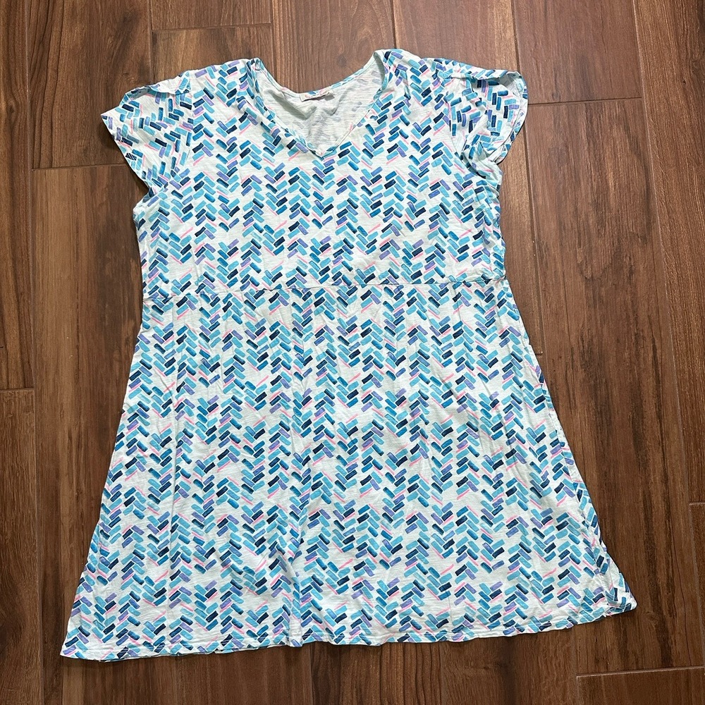 Fresh Produce Womens 2X Blue Pink Geometric Cotton Slub V-Neck Empire Dress E458